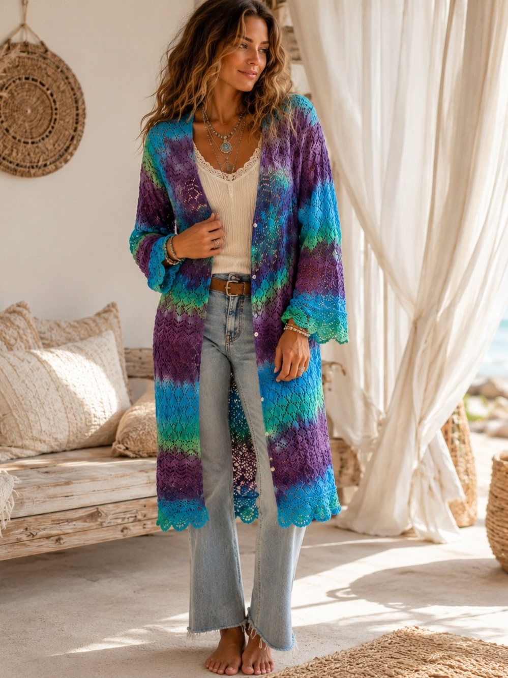 100% Cotton Ombré Crochet Duster Cardigan Boho
